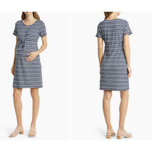 Angel Maternity Erika Short Sleeve Drawstring Striped Dress Blue L Baby Shower